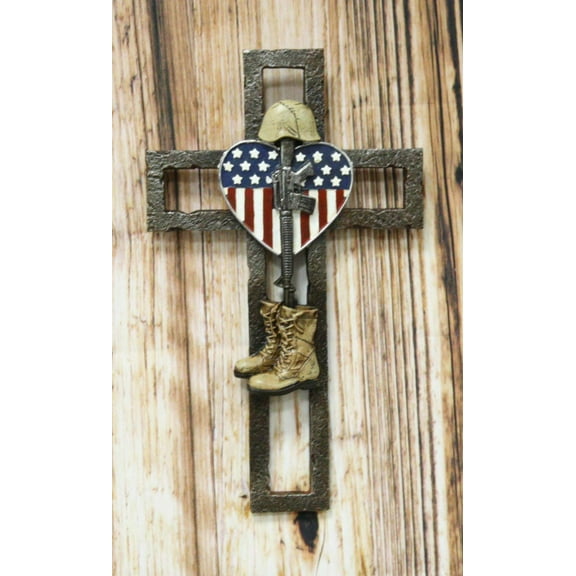 Ebros Gift Rustic Western Ornate Fleur De Lis Golden Tooled Wall Cross Decor Plaque Vintage Design Hanging Sculpture 12" High Catholic Christian Accent Decorative Crosses (USA Flag Fallen Soldier)
