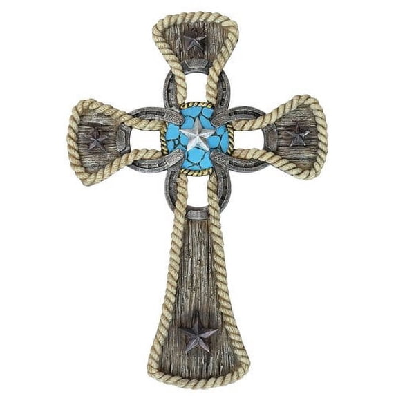 Ebros Gift Rustic Western Stars Turquoise Gem Horseshoe Wall Cross Decor Plaque In Rope Embroidery Outline Finish Hanging Sculpture 12" High Decorative Crosses
