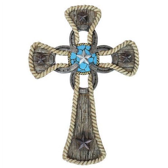 Ebros Gift Rustic Western Stars Turquoise Gem Horseshoe Wall Cross Decor Plaque In Rope Embroidery Outline Finish Hanging Sculpture 12" High Decorative Crosses