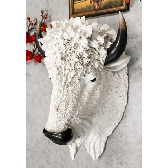 Ebros Gift Sacred Large White Bison Buffalo Wall Decor 18" Tall Faux Indian Native Wildlife Animal Buffaloes Bisons Head Taxidermy Wall Art Hanging Plaque