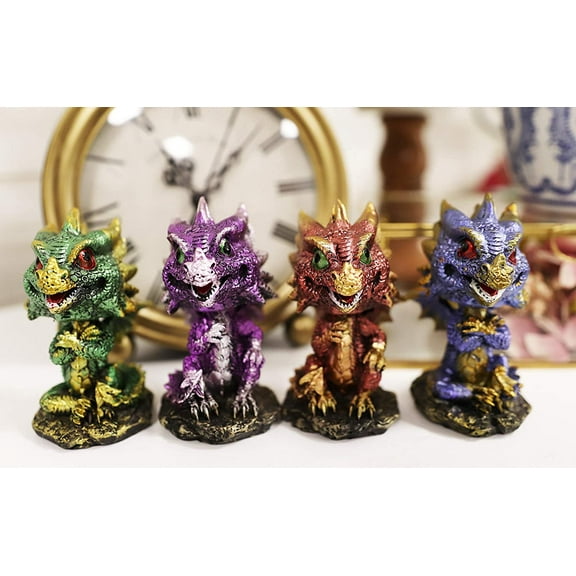 Ebros Gift Set of 4 Whimsical Wyrmling Baby Dragons Bobblehead Small Figurines