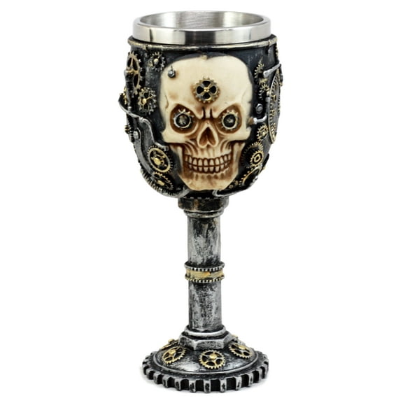 Ebros Gift Silver Steampunk Mechanical Gearwork Skull Face Wine Goblet Drink Chalice Cup Figurine 6oz