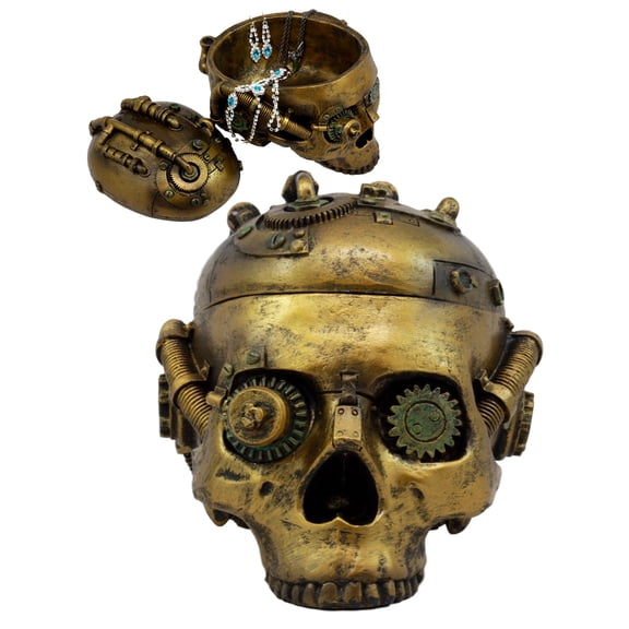 Ebros Gift Steampunk Cyborg Robotic Skull Jewelry Box Figurine 7.5"L Decorative Skull Bowl Container Trinket Storage Box