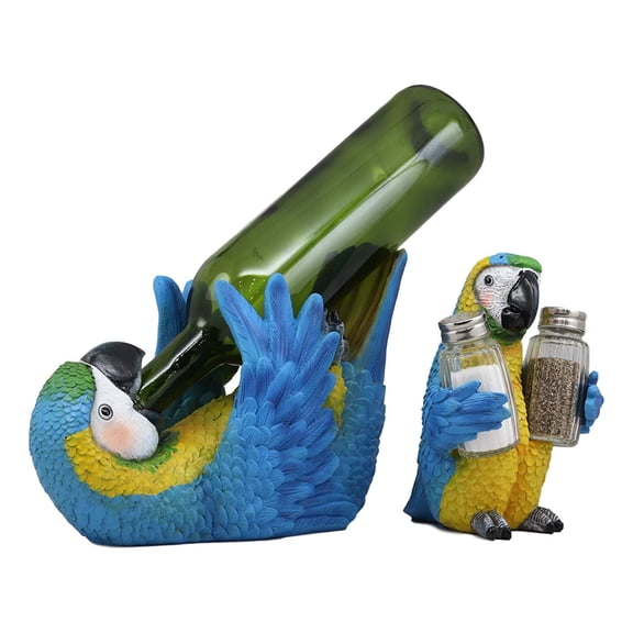 Ebros Gift Tropical Blue Rio Rainforest Scarlet Macaw Parrot Wine Bottle Holder and Salt Pepper Shakers Holder Figurine Set Kitchen Dining Party Decor Statue South American (Blue Macaw)