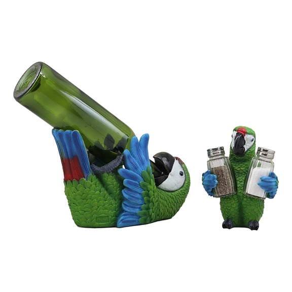 Ebros Gift Tropical Green Rio Rainforest Scarlet Macaw Parrot Wine Bottle Holder and Salt Pepper Shakers Holder Figurine Set Kitchen Dining Party Decor Statue South American (Green Macaw)