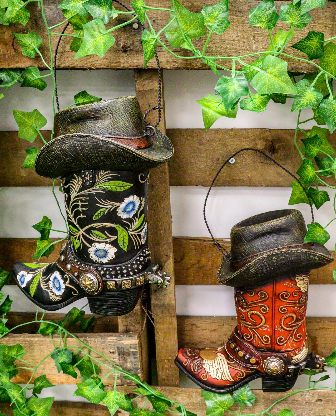 Ebros Gift Western Floral Cowboy Boots Bird Feeder with Hanger, Multi-Color (2 Pack)