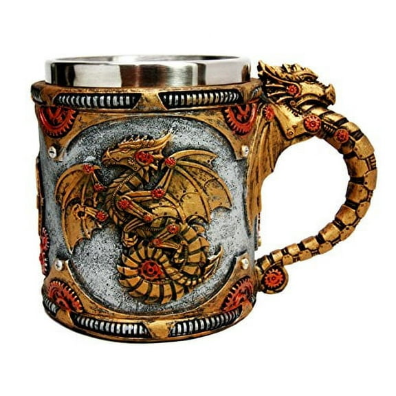 Ebros Golden Steampunk Cyborg Robotic Dragon Beer Stein Tankard Coffee Cup Mug