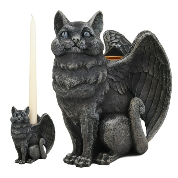 Ebros Gothic Angel Winged Cat Gargoyle Candle Holder Statue Medieval Renaissance Fantasy Gargoyles Angelic Cats Felines Sculpture Halloween Home Decor in Faux Stone Finish Resin