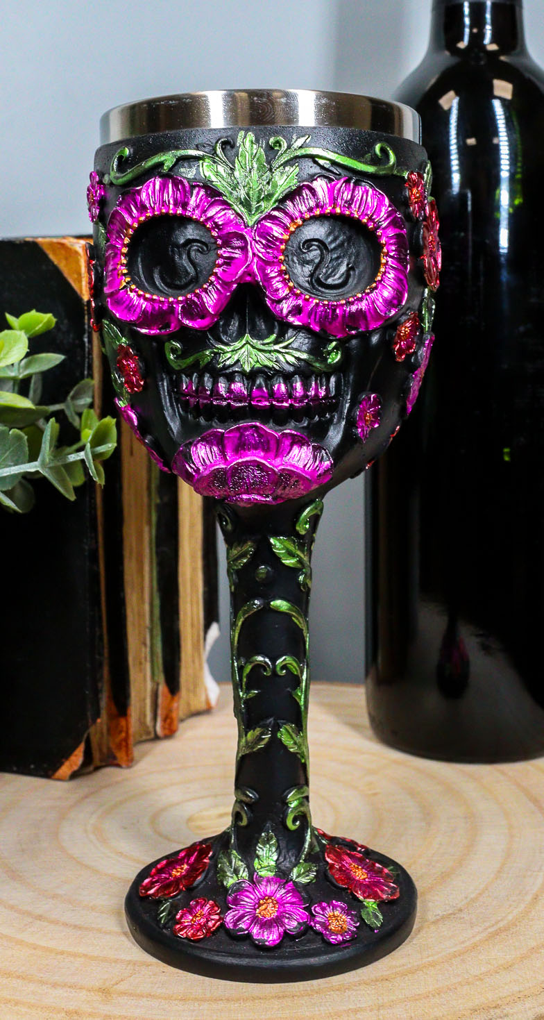 Ebros Gothic Black Red Pink Green Day of The Dead Sugar Skull Wine Goblet  7oz - Walmart.com