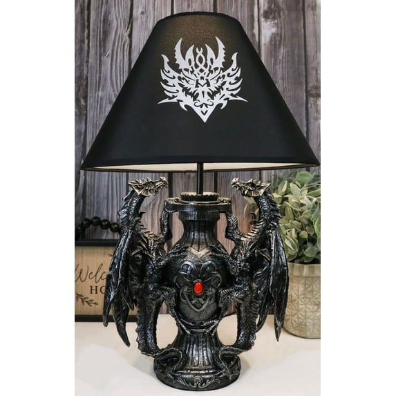 Ebros Gothic Climbing Dual Dragon Desktop Table Lamp Statue Decor & Shade 19"H