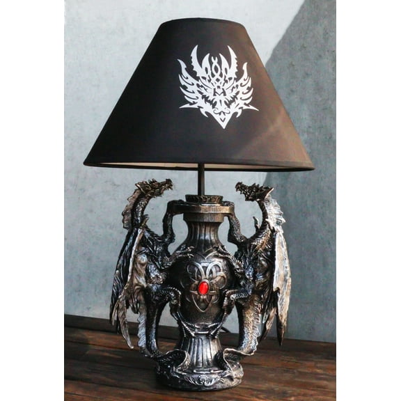 Ebros Gothic Climbing Dual Dragon Desktop Table Lamp Statue Decor & Shade 19"H