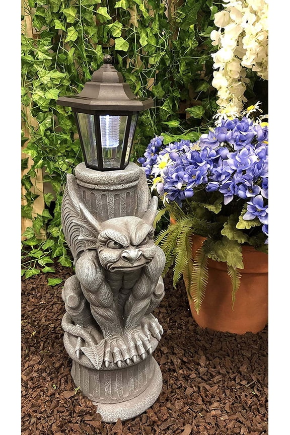 Ebros Gothic Gargoyle Statue with Solar LED Lantern Light Post 20" Tall Figurine