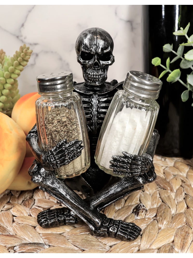 Ebros Gothic Sitting Skeleton Salt And Pepper Shakers Holder