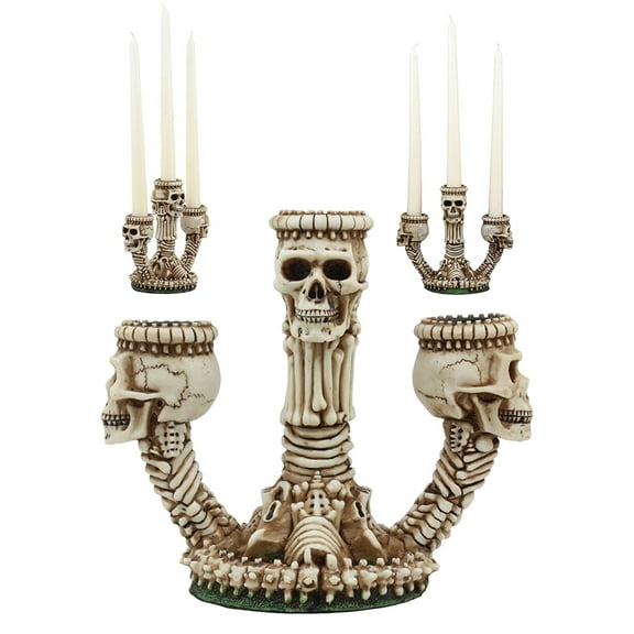 Ebros Gothic Trio Ossuary Graveyard Skulls And Skeleton Bones Candelabra Candle holder Statue Wicked Skeletal Altar Shrine Figurine