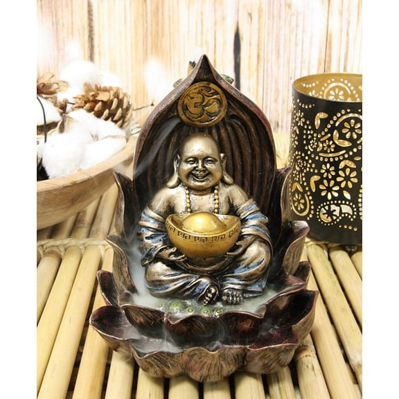 Ebros Happy Buddha Carrying Gold on LotusThrone Backflow Cone Incense Burner 6"H