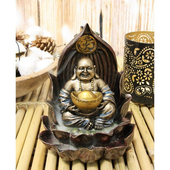 Ebros Happy Buddha Carrying Gold on LotusThrone Backflow Cone Incense Burner 6"H