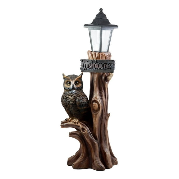 Ebros Haunted Forest Outpost Guardian Owl Welcome Sign Statue With Solar Powered Lantern LED Light Patio Decor Figurine 20"Tall