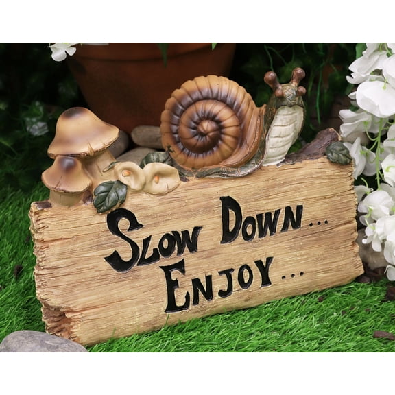 Ebros Helix Shell Snail By Mushrooms On Trunk Log With Slow Down Enjoy Sign