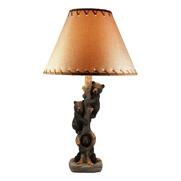 Ebros Helping Hand Whimsical Black Bear Cubs Climbing Tree Table Lamp Statue with Burlap Shade 24"High Wildlife Rustic Cabin Lodge Decor Forest Bears Family Desktop Lamps