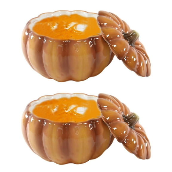 Ebros Home And Kitchen Orange Ceramic Pumpkin Soup Or Dessert Bowl Set Of 2