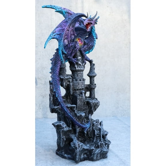 Ebros Hyperion Gemstone Midnight Dragon Protecting Stone Castle Figurine 11.75"H