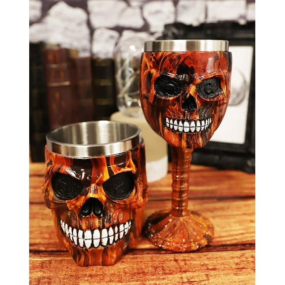 Ebros Inferno Fire Skull Face Wine Goblet And Mug Set Beverage Drinkware Barware
