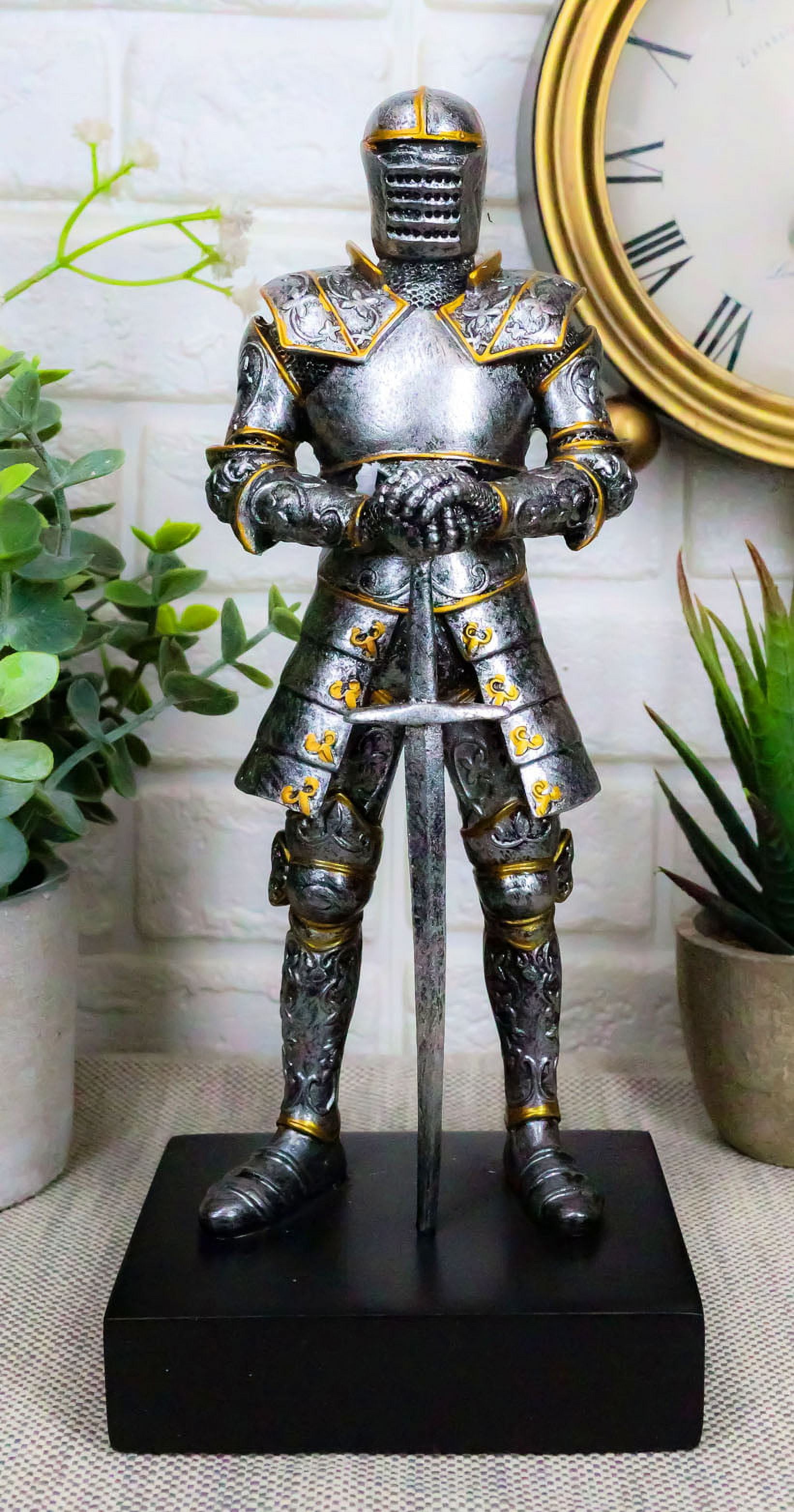 Italian Medieval Knight Statue with Gold Accents on Black Base
