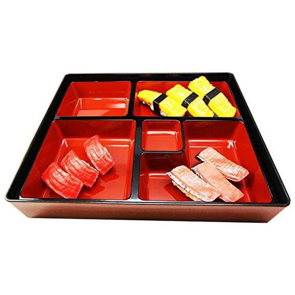 Ebros Japanese 5 Compartments Bento Box Lacquered Plastic Serving Platter Gold