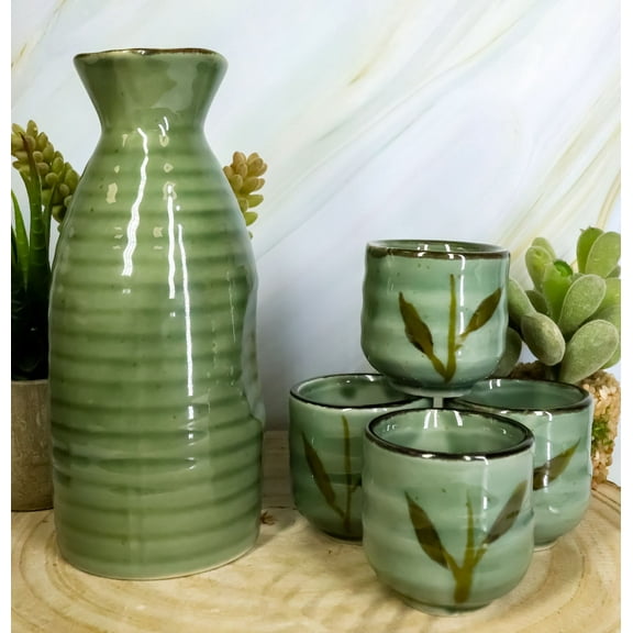 Ebros Japanese Design Porcelain Wetlands Reed Rice Wine Sake Flask W/ 4 Cups Set