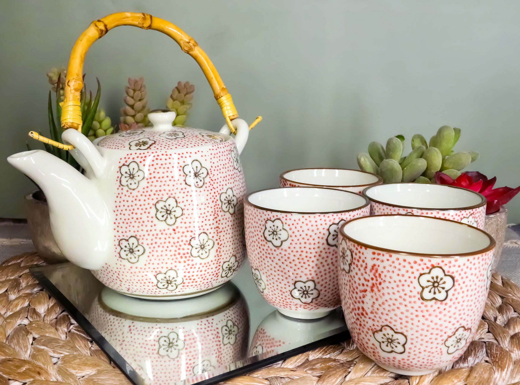 Ebros Japanese Red Cherry Blossom 20oz Ceramic Tea Pot and Cups