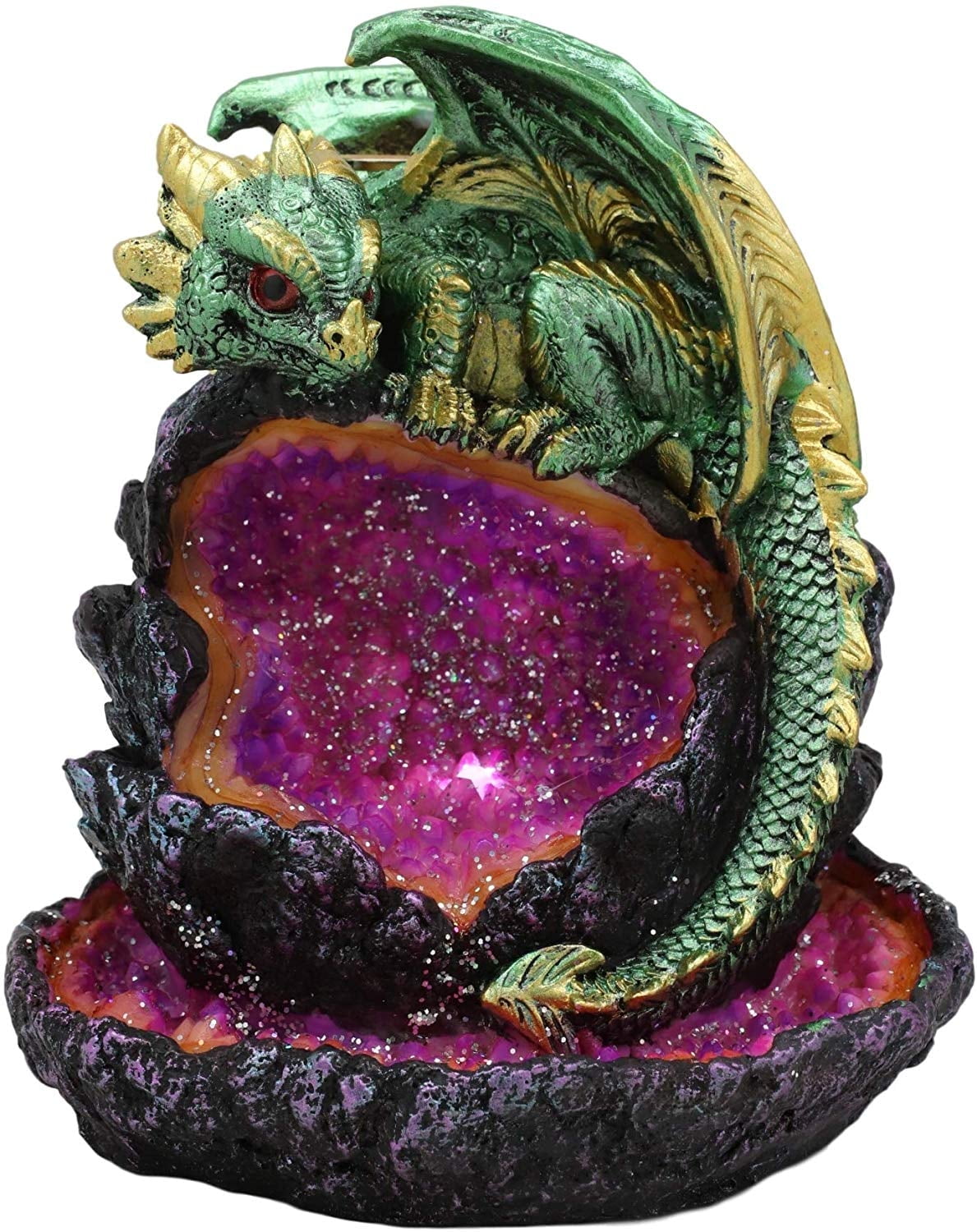 Ebros LED Light Wyrmling Dragon On Crystal Geode Backflow Incense Cone
