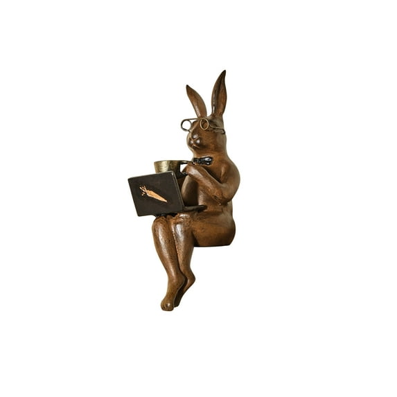 Ebros Large 14" Tall Aluminum Metal Whimsical Rabbit with Carrot Laptop On Coffee Break Garden Ledge Shelf Table Edge Sitter