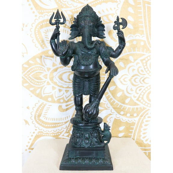 Ebros Large 21" H Bali Ganesha With Dhoti in War Armor On Pillar With Rat Statue