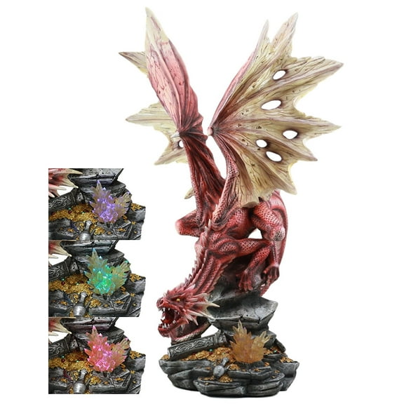 Ebros Large 23.25" Tall "Aerog" Red Volcano Dragon Crouching On Crystal Cavern Ruins Statue With Automatic Color Changing LED Night Light Fantasy Mythical Dragon Decorative Sculpture