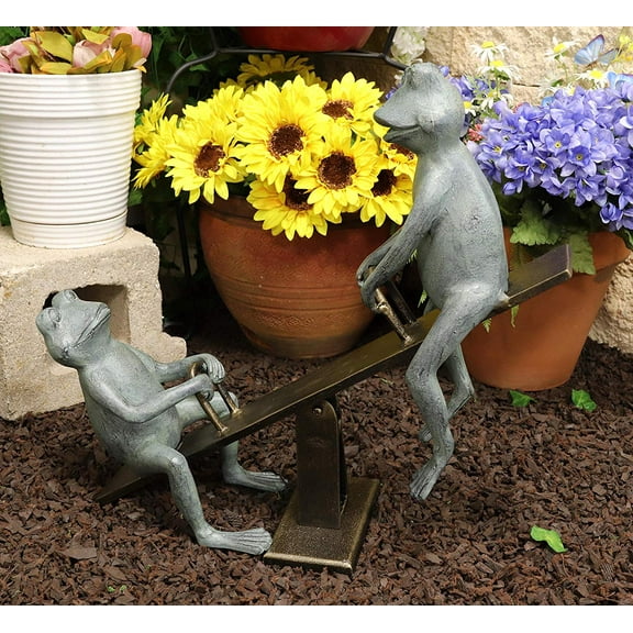 Ebros Large Aluminum Father and Son Frogs On Seesaw Garden Statue 21" Long