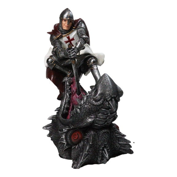 Saint George Roman Crusader Knight Killing Dragon With Sword Figurine 8.5"H