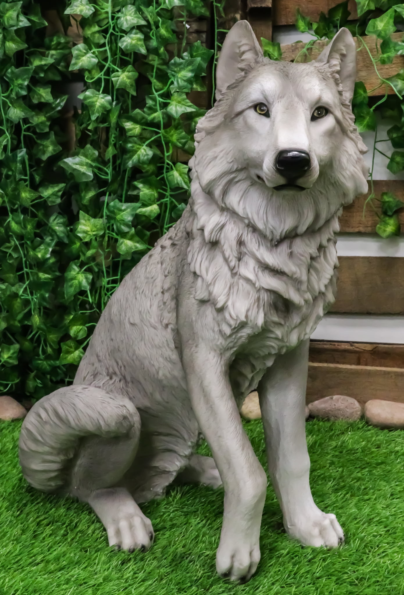 Large Gray Resin Sitting Alpha Wolf Statue 20.5" Tall