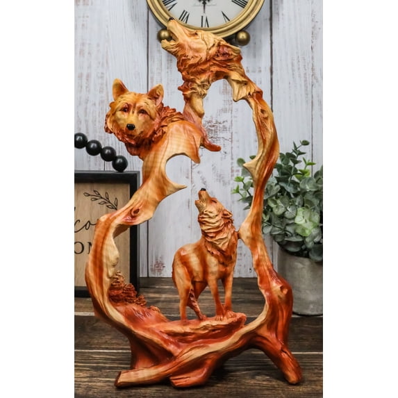 Ebros Large Rustic Faux Wood Wildlife Scene Howling Wolf Pack Figurine 12.5"H
