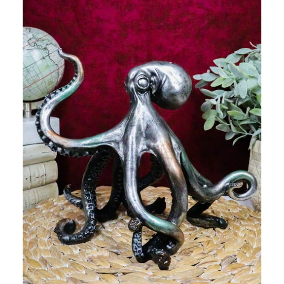 Ebros Large Standing Octopus Statue in Silver Finish Resin Marine Decor 11.5" W
