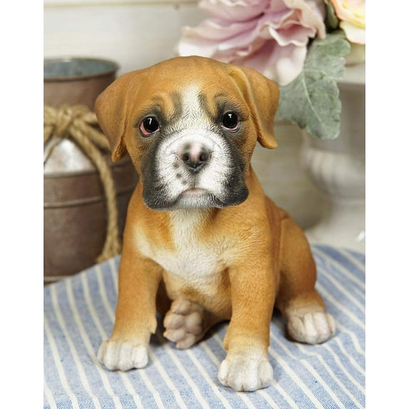 Ebros Lifelike Sitting Fawn Boxer Puppy Dog Figurine With Glass Eyes 6"H Pet Pal