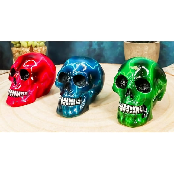 Ebros Lightning Bolts Colorful Skulls Mini Figurines Set of 3 Skeleton Head