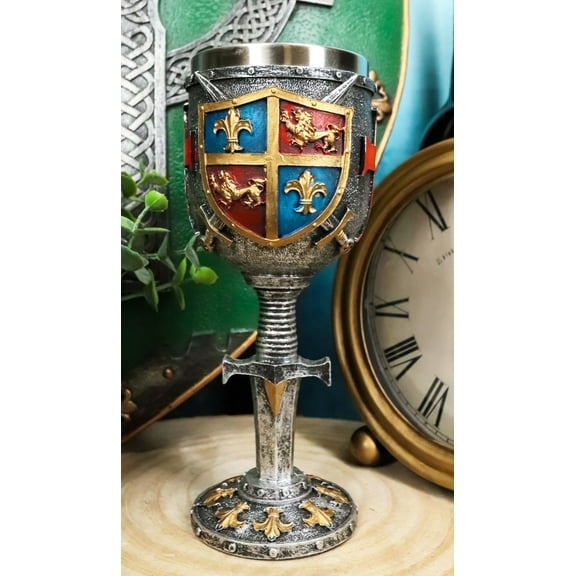 Ebros Lion And Fleur De Lis Crusader Knight Wine Goblet Chalice Drinkware Decor