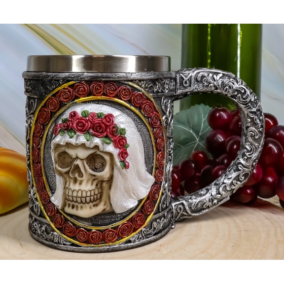 Ebros Love Never Dies Bride & Groom Skulls W/ Rose Wreaths Scroll 2-Sided Mug