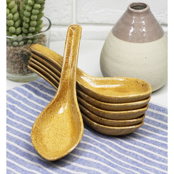Ebros Made In Japan Modern Glazed Ceramic Speckled Yellow Soup Spoons Set Of 6
