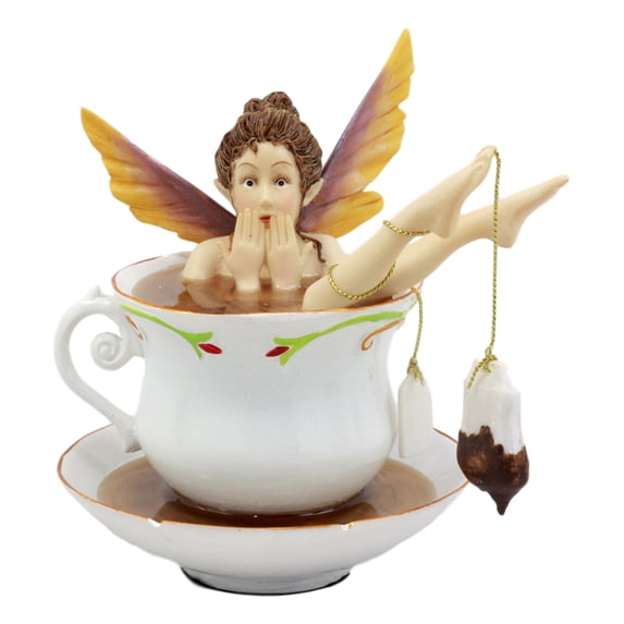 Ebros Magical Encounters Shocked Fairy Bathing In Tea Cup Figurine 5"H Fantasy Collectible Tea Time Fairy With Tea Bag