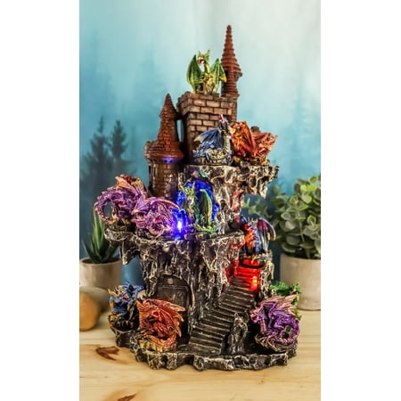 Ebros Medieval Renaissance Castle Tower Fortress by Stepped Rocky Cliff Display Stand Statue With 12 Miniature Dragons In Different Poses Figurine 13 Piece Set Featuring Color Changing LED Night Light