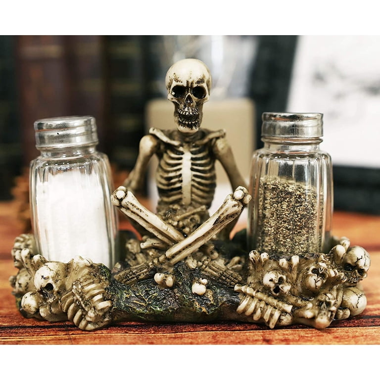 Ebros Gothic Meditating Skeleton Salt & Pepper Shakers Holder with