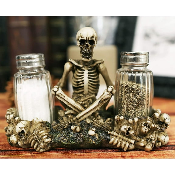 Ebros Meditating Skeleton On Graveyard Of Skulls Salt & Pepper Shakers Holder