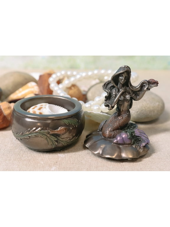 Ebros Mermaid Sitting On Oyster Sea Shell Small Jewelry Decorative Trinket Box