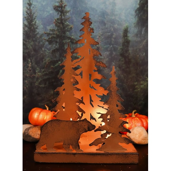 Ebros Metal Art Rustic Forest Black Bear By Pine Trees Night Light Sculpture